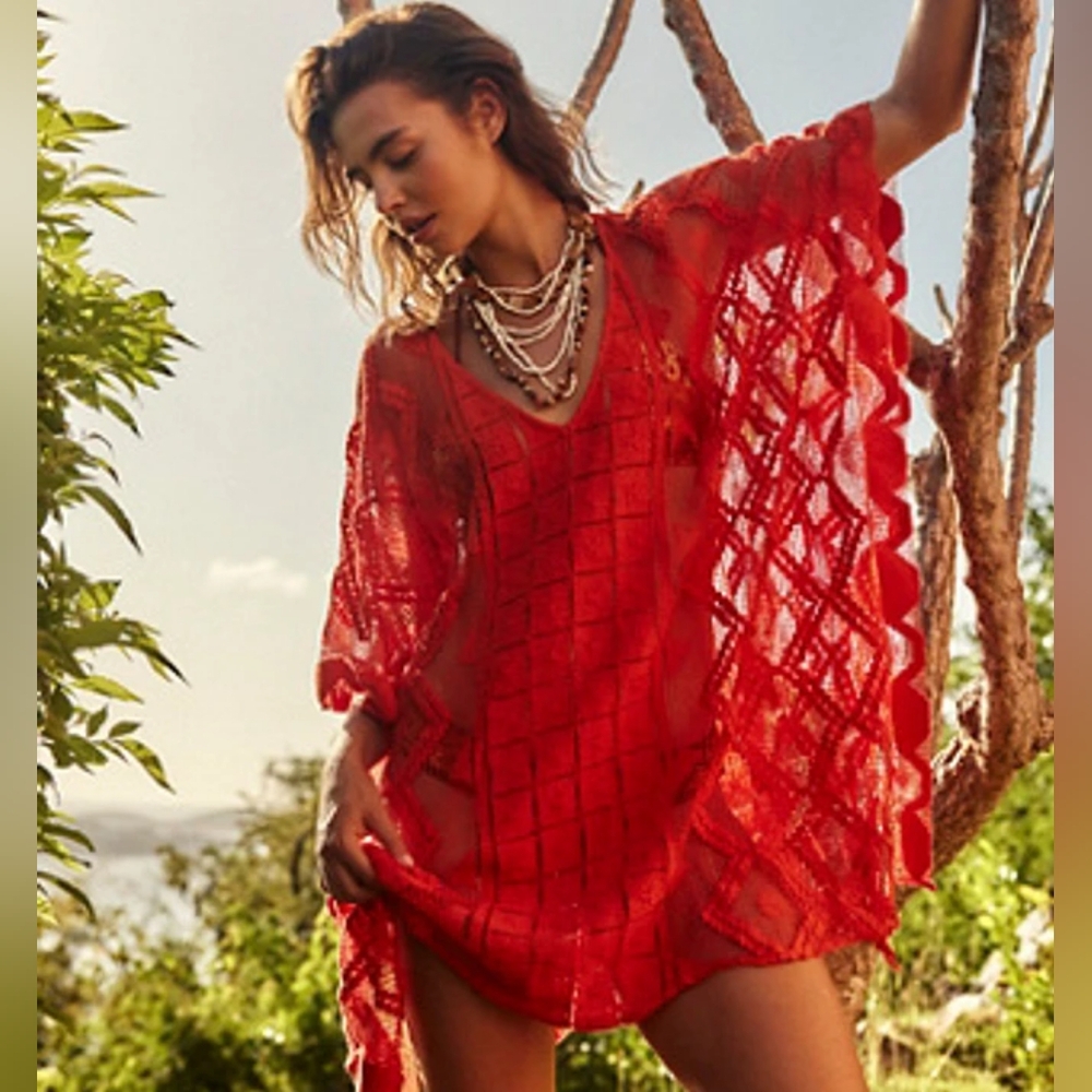 Free People Women's Sunshine Bohemian Crochet Kaftan Cherry One Size NWT
